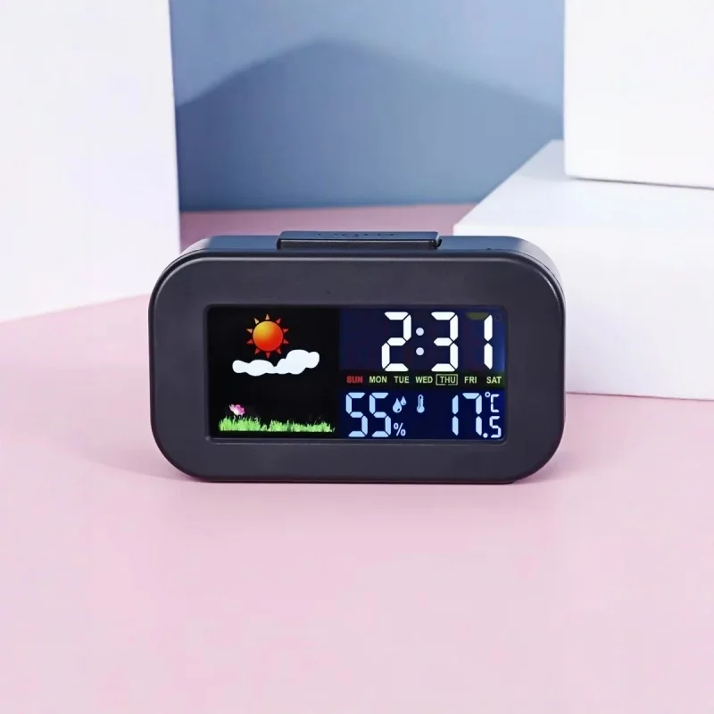 Mini Wettervorhersage Digitaler Wecker mit Hintergrundbeleuchtung Temperatur Luftfeuchtigkeit Wochenanzeige Elektronische LED-Uhr für Wohnzimmer