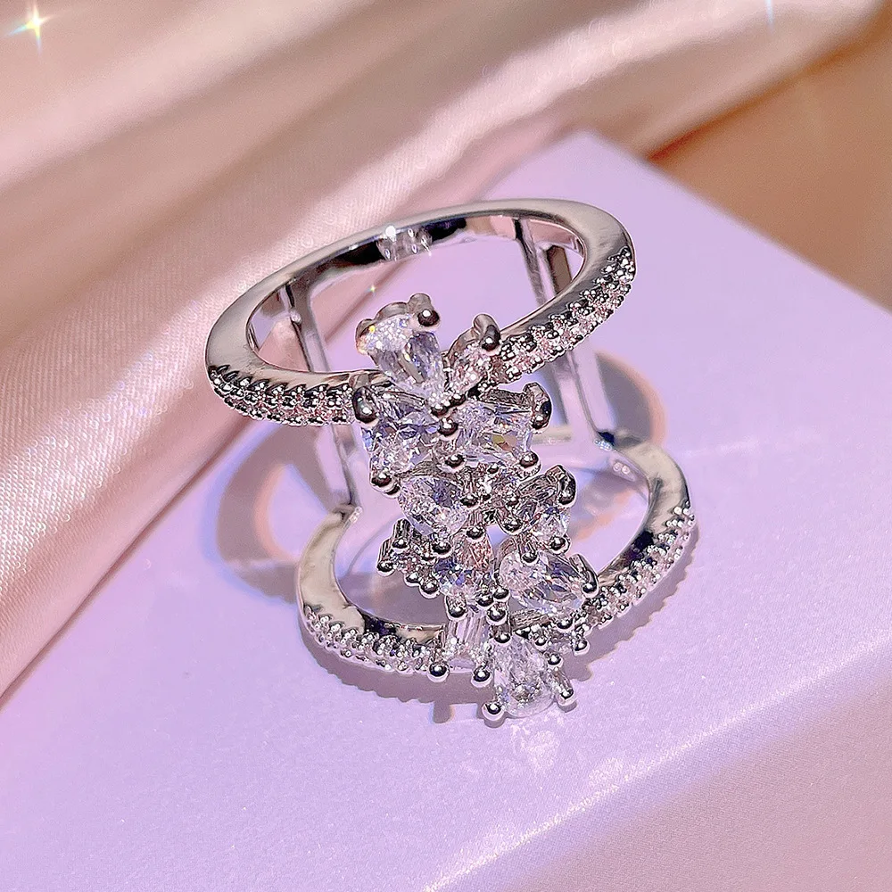 Double-deck Bling Big Zircon Stone 925 Steling Silver Hip Hop RIng for Women Fashion Wedding Engagement Jewelry Best Gift