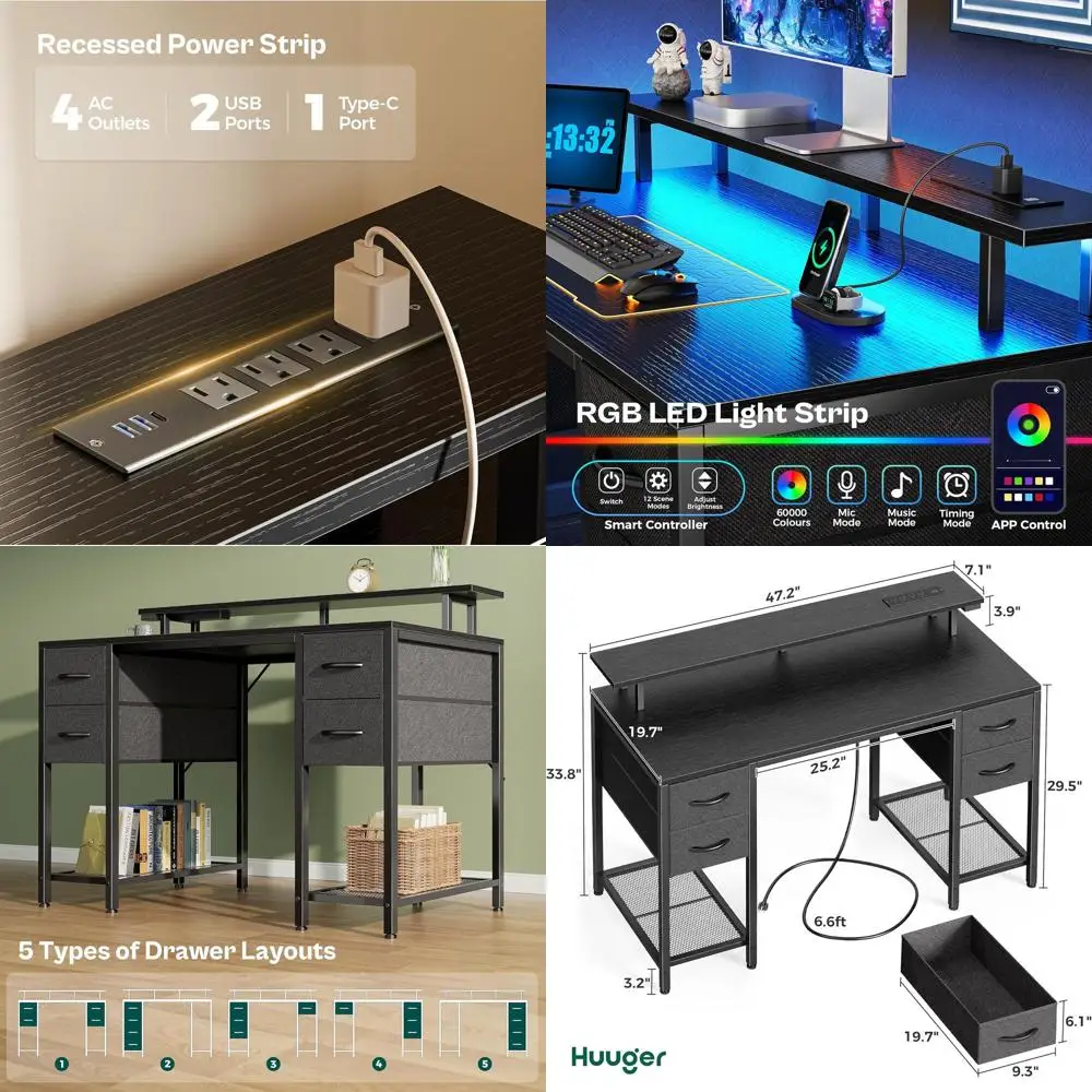 47 Large Gaming Desk with 4 Drawers, LED Lights & Power Outlets, Black, Ideal for Home Office & Bedroom Storage