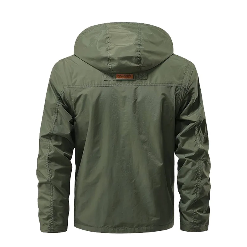 Detachable windproof hooded jacket, men\'s casual waterproof multi bag cargo jacket vest suitable for outdoor activities