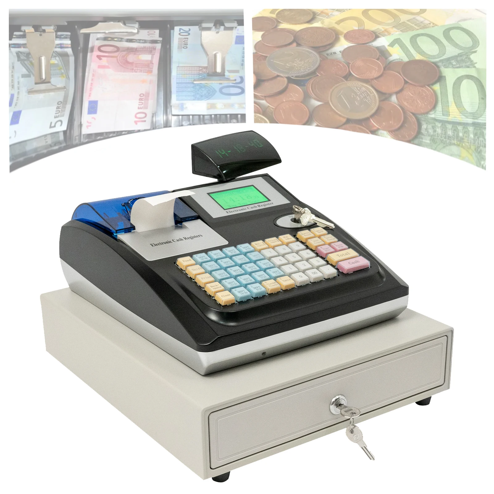 M-3000U Cash Register 100-240V, 36 Dept 50 Clerks 10,000 PLUs, Thermal Printer, Cash and Coin Drawer, Black, Base Size 38*9cm