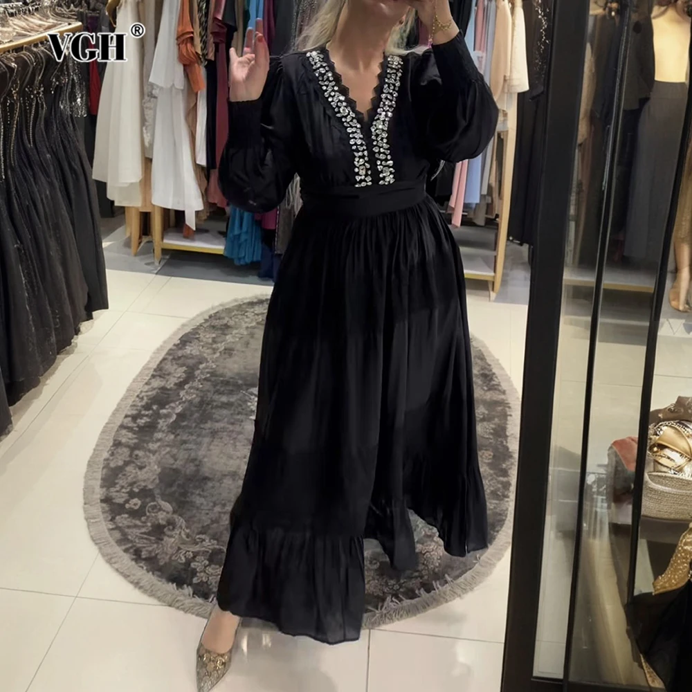 

VGH Solid Elegant Patchwork Diamonds Dresses for Women V Neck Lantern Sleeve High Waist Plus Size A Line Midi Dress Female Style