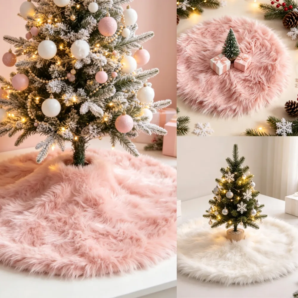 Faux Fur Christmas Tree Skirt Solid Color Xmas Tree Base Cover Holiday Home Party DIY Ornament for Christmas Tree Decoration