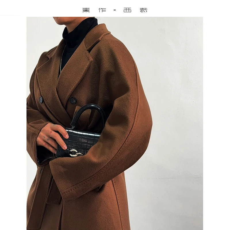 Classic Style ~ 100% Wool Women's Single-Faced Woolen Coat, Loose Mid-Length Over-The-Knee Woolen Coat with Belt