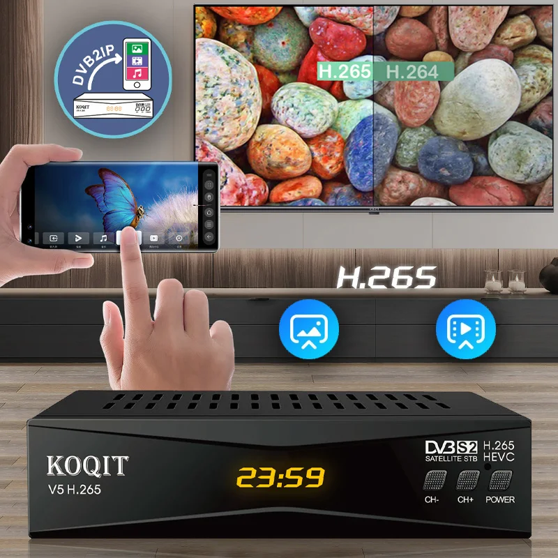 Koqit V5H H265 HEVC DVB S2 Satellite Receiver Satellite TV Receiver Smart TV Stick Receptor FTA Digital TV Box DVB-S2 Sat Finder