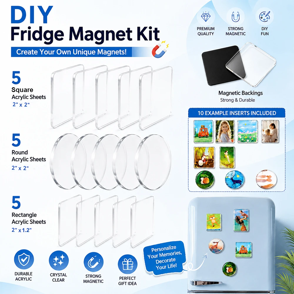 DIY Fridge Magnet Kit, 15 Pack Clear Acrylic Magnet Making Kit, Photo Magnets for Photos, Crafts and Home Refrigerator Decor