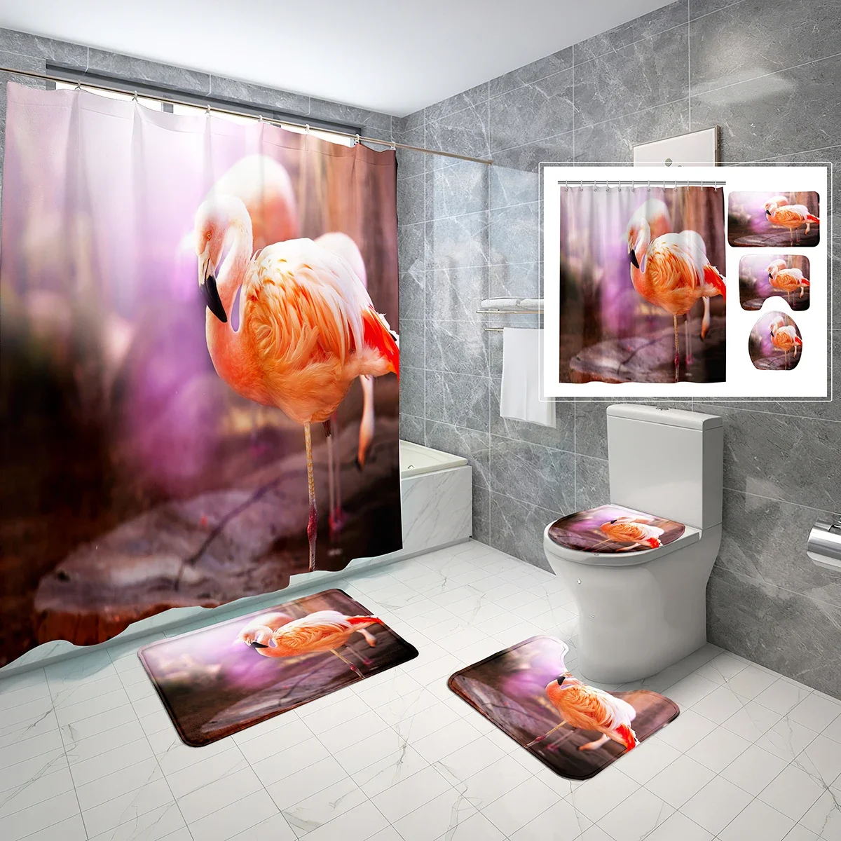 

4 Pcs Flamingo Shower Curtain Sets with Toilet Lid Cover and Non-slip Bath Mat Tropical Pink Birds Waterproof Shower Curtain Set