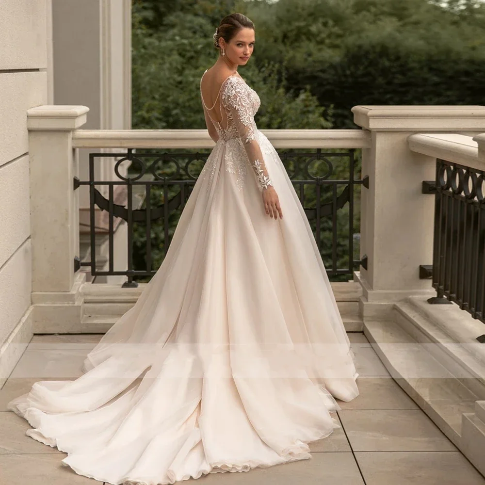 Gelinlik sevgiliye gelinlikler geri Illusion tรผl Robe dantel aplikler resmi parti Vestidos De Novia iรงin