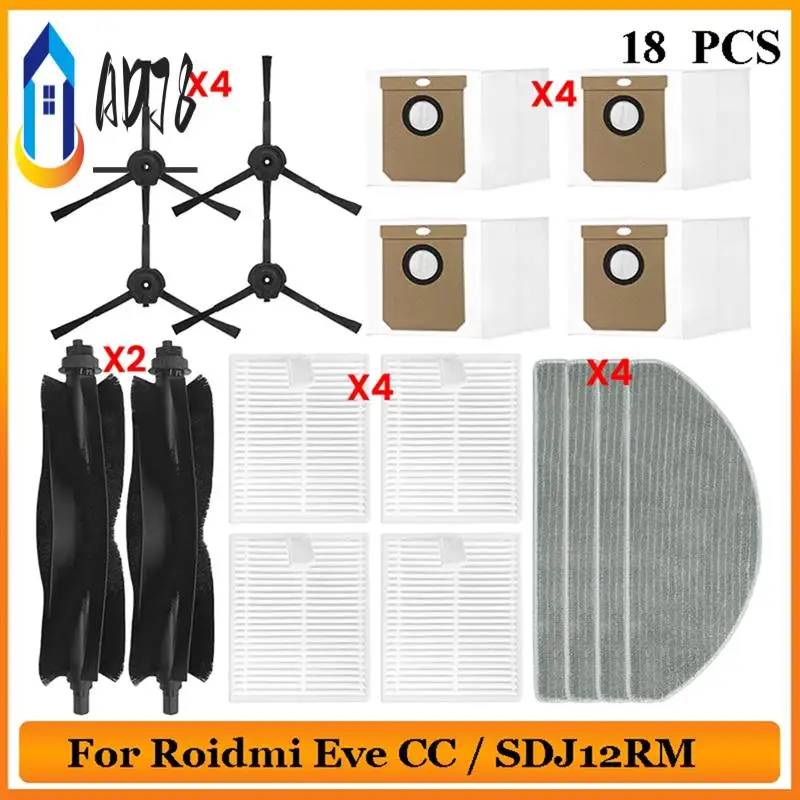 

AD78-For Roidmi Eve CC / SDJ12RM Robot Vacuum Cleaner Spare Part Main Roller Side Brush Hepa Filter Mop Cloth Dust Bags