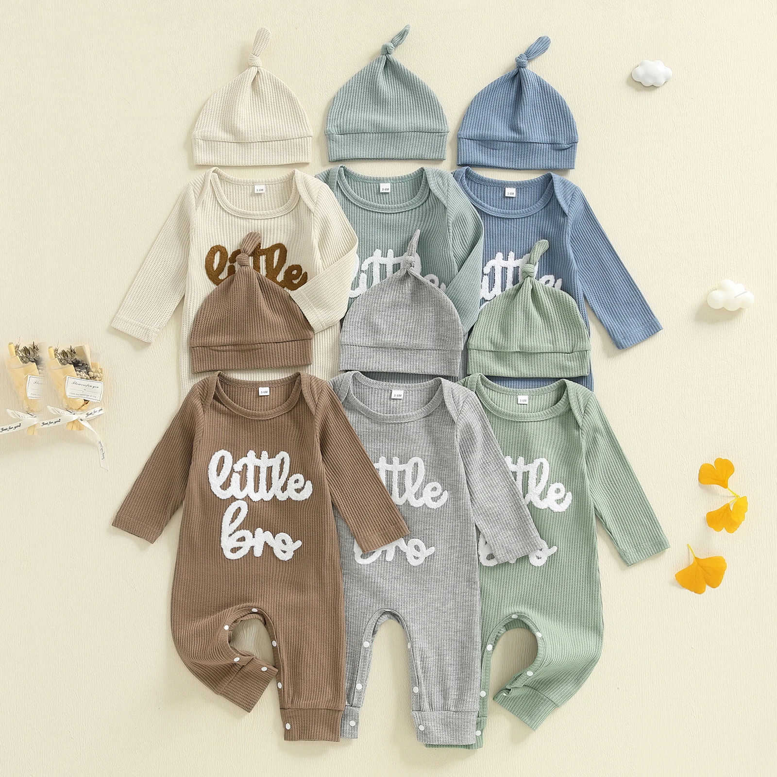 Baby Boy Fall Waffled Romper Letter Embroidery Long Sleeve Round Neck Jumpsuit with Hat