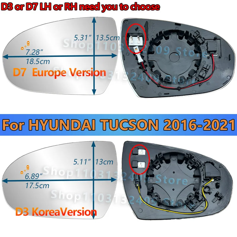 Espejo Retrovisor Izquierdo o Derecho con BSD para HYUNDAI TUCSON, Cristal de Espejo Retrovisor 2016 2017 2018 2019 2020 2021 # 87611D3000 D7000/Pieza de Lente para Espejo Retrovisor