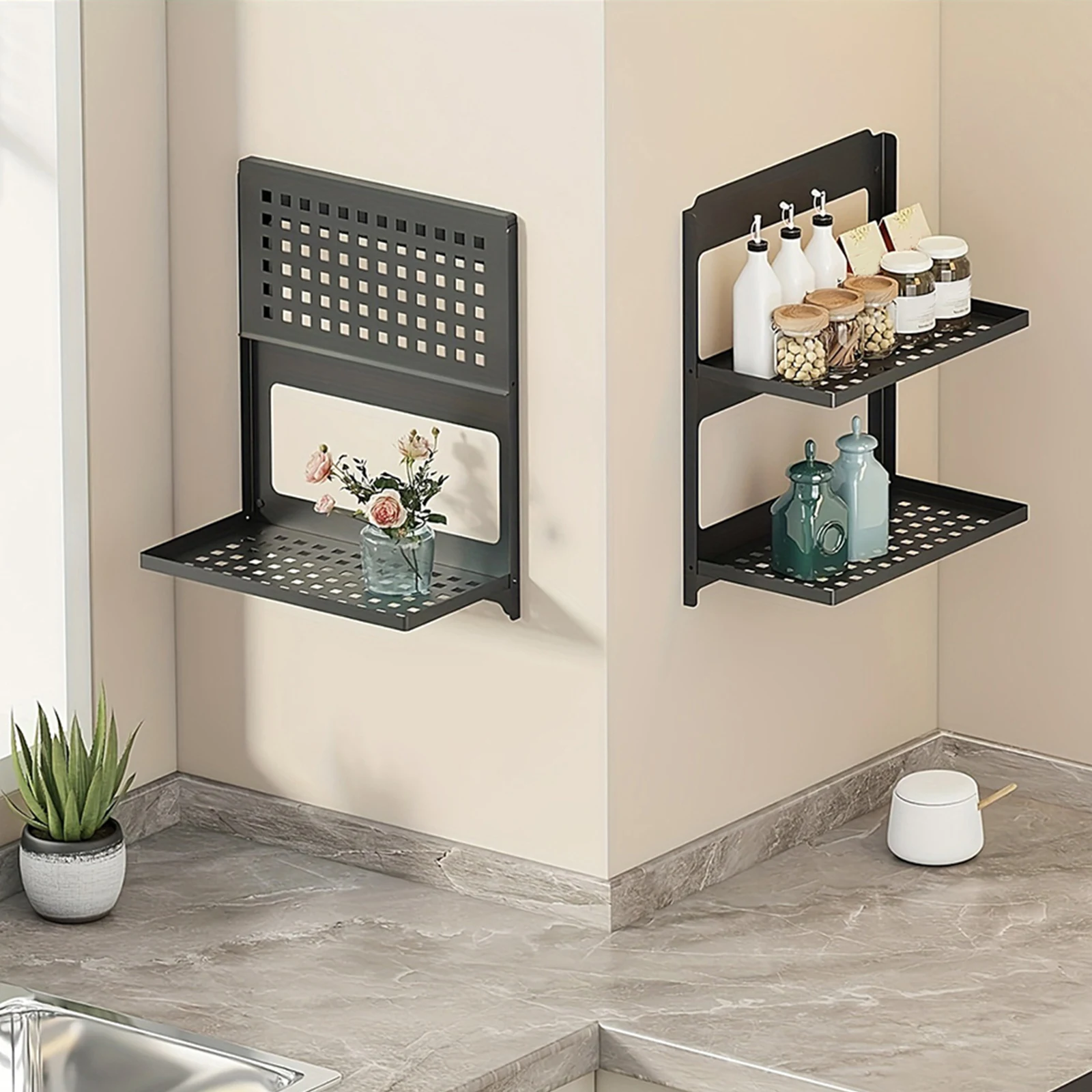 

2-Tier Table Storage Rack Wall Mounted Storage Rack for Basement Coffee Bar Kitchen Room Office