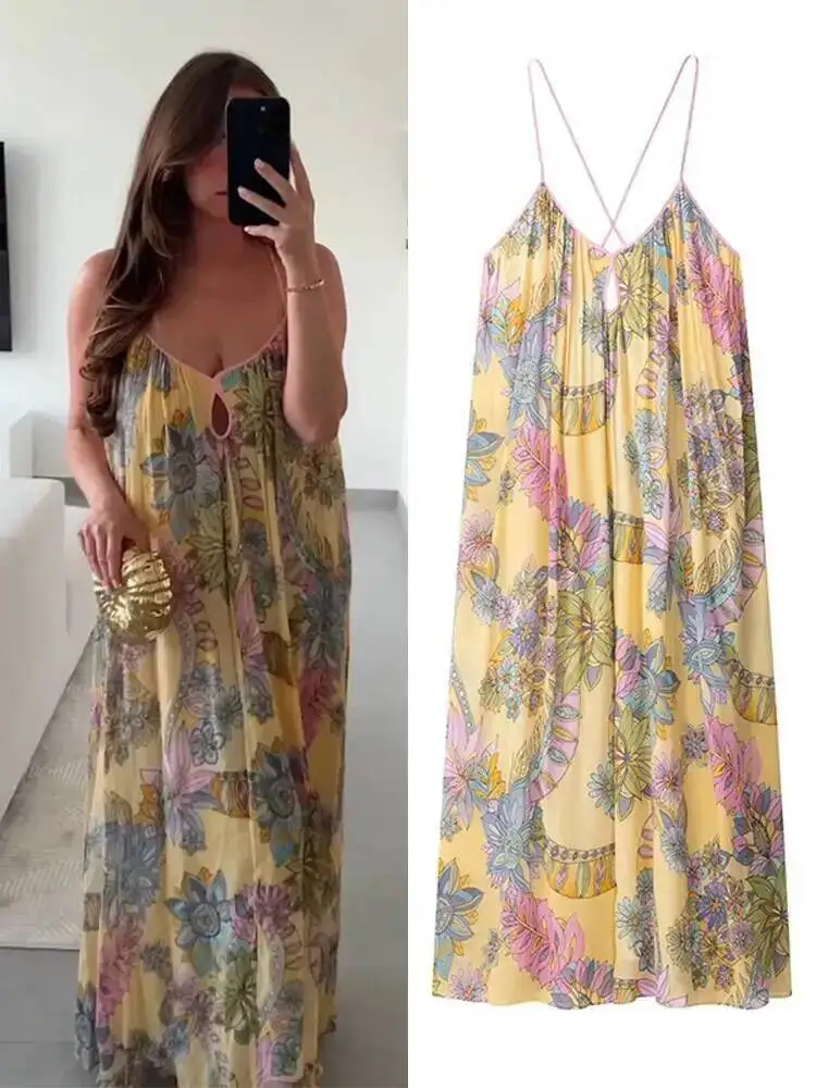 Drucken Floral frauen Kleid Halter V-ausschnitt Ärmel Aushöhlen Gerade Weibliche Kleider Sommer Elegante Urlaub Dame Robe