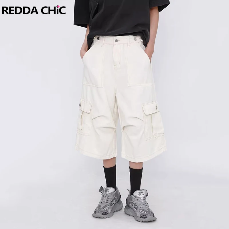 REDDACHiC White Cargo Jeans Jorts Women Retro Casual Summer Solid Wide Leg Low Waist Bermuda Pants Boyfriend Hip Hop Streetwear