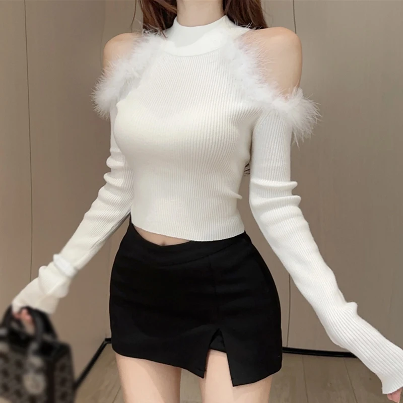 Women\'s Knitted Top Slim Sexy Korean Version Lint Stitching Knitted Long Sleeves Top Half High Collar Solid Colour