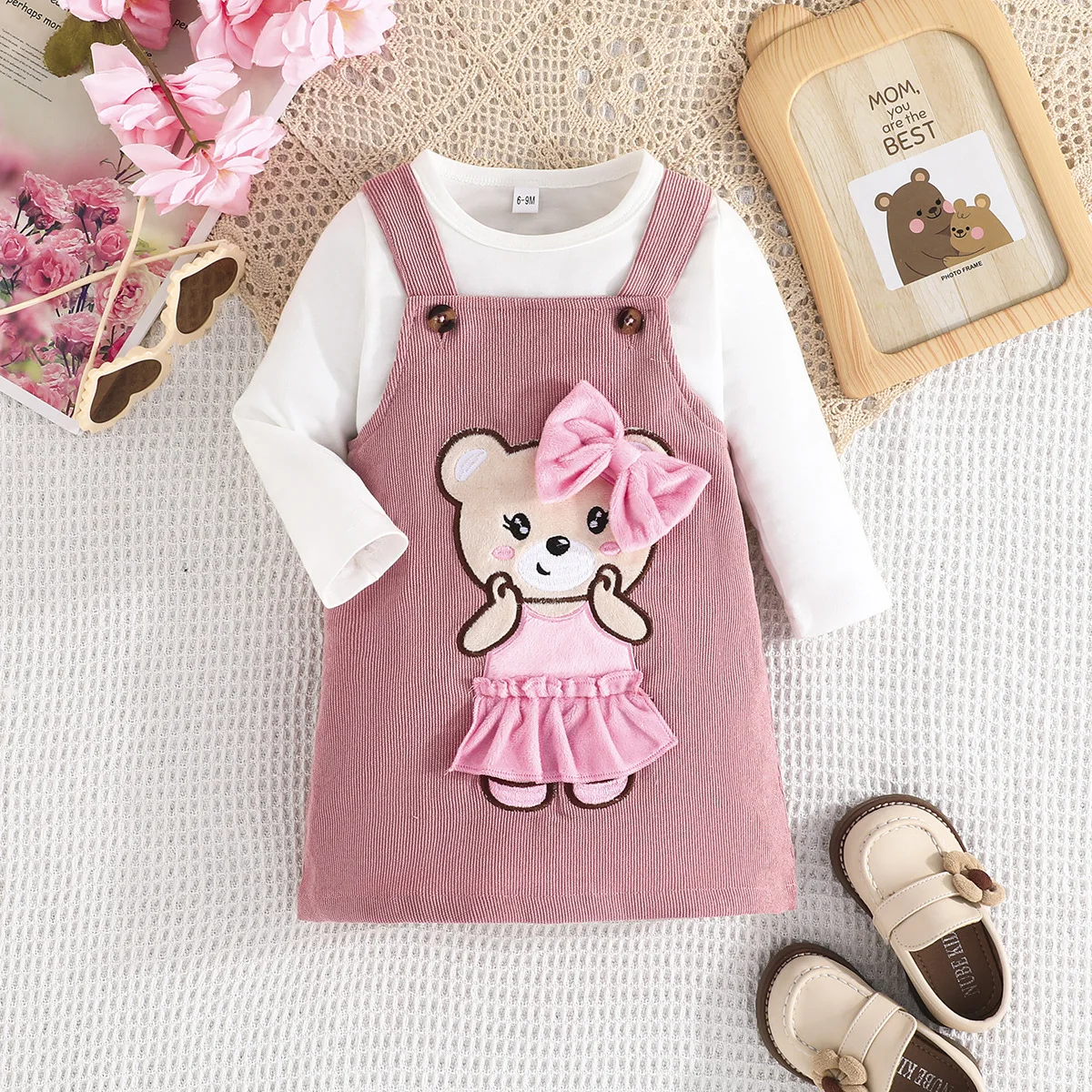 

2024 New Winter Children Sets Long Sleeve O Neck T-shirt Print Bear Pink Rompers 2 Pcs Roupa Infantil Menina Clothes Sets 6M-3T