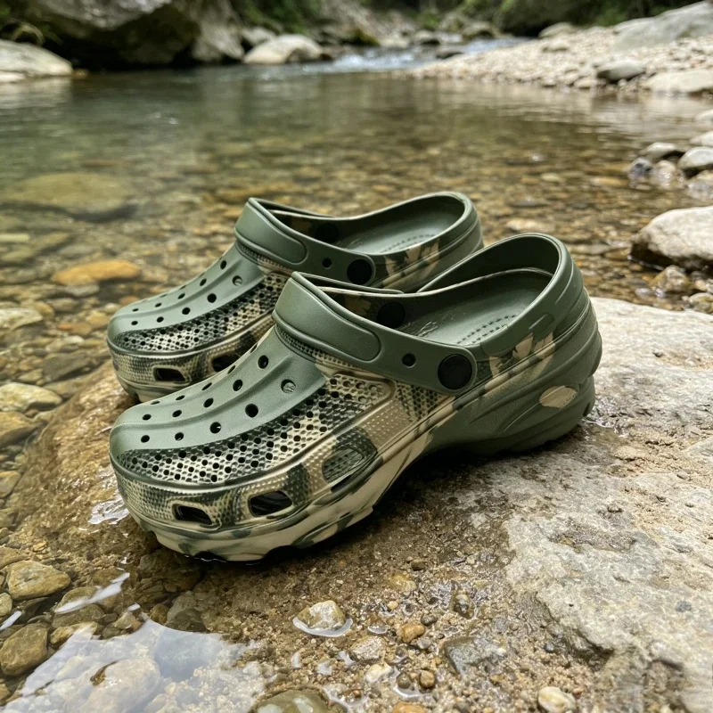 Men Platform Camo Clogs Two Wear Slippers Punk Fashion Air Vent Non-Slip EVA Thick Sole Outdoor Beach Sandals For Street Home