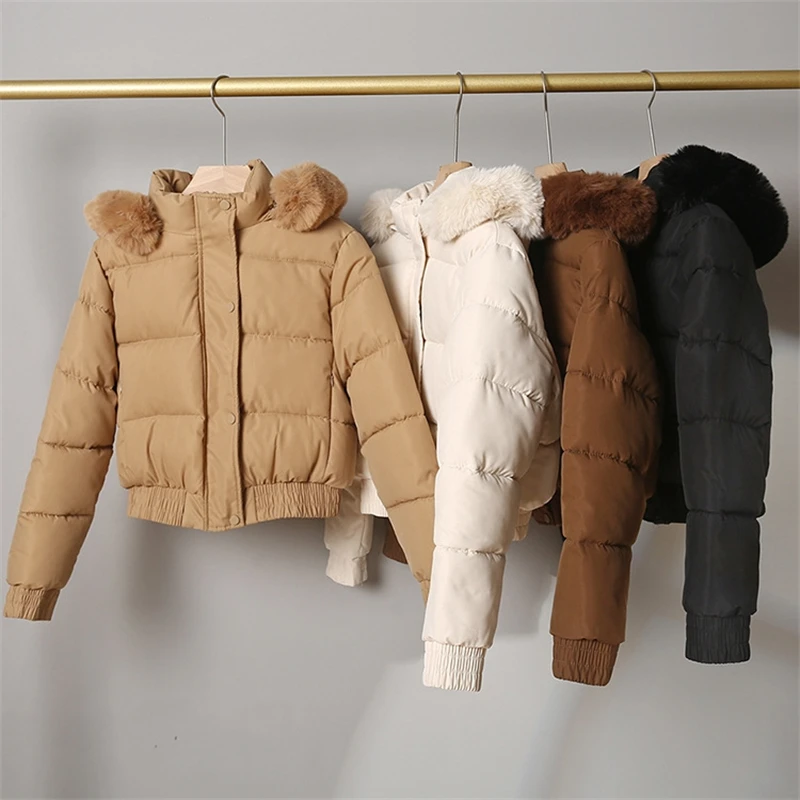 

Long Sleeve Short Down Jackets 2025 Winter New Fur Collar Thick Warm Cotton Padded Coats Korean Loose Hooded Solid Fashion Parka