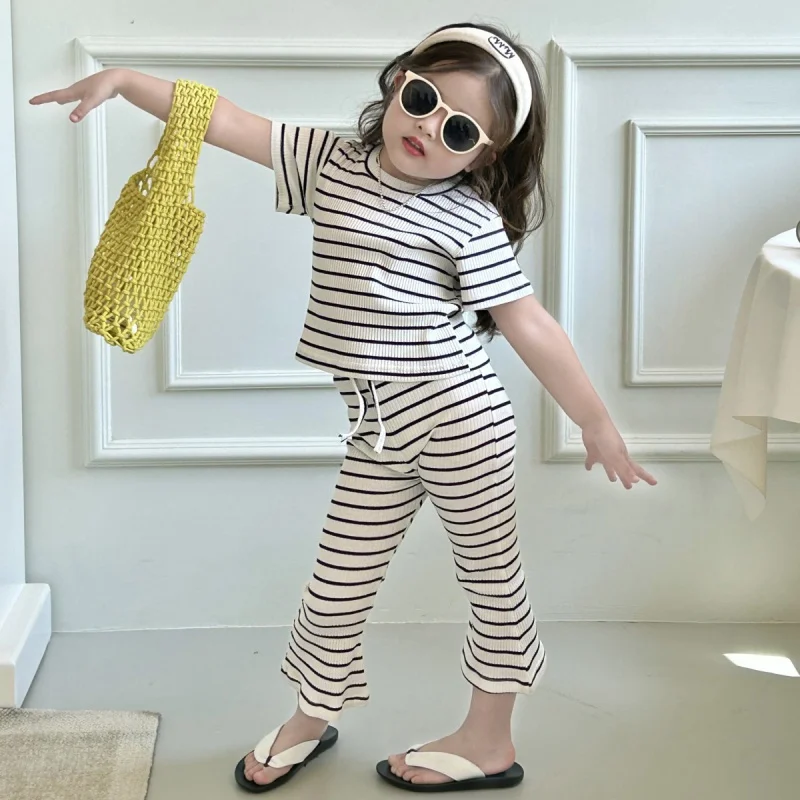 Children Outfit Kids Striped Fashion Suit Baby Short Sleeve 2 Pcs T Shirt and Pants Girls Tops and Bottoms Clothing Set 2-9Y