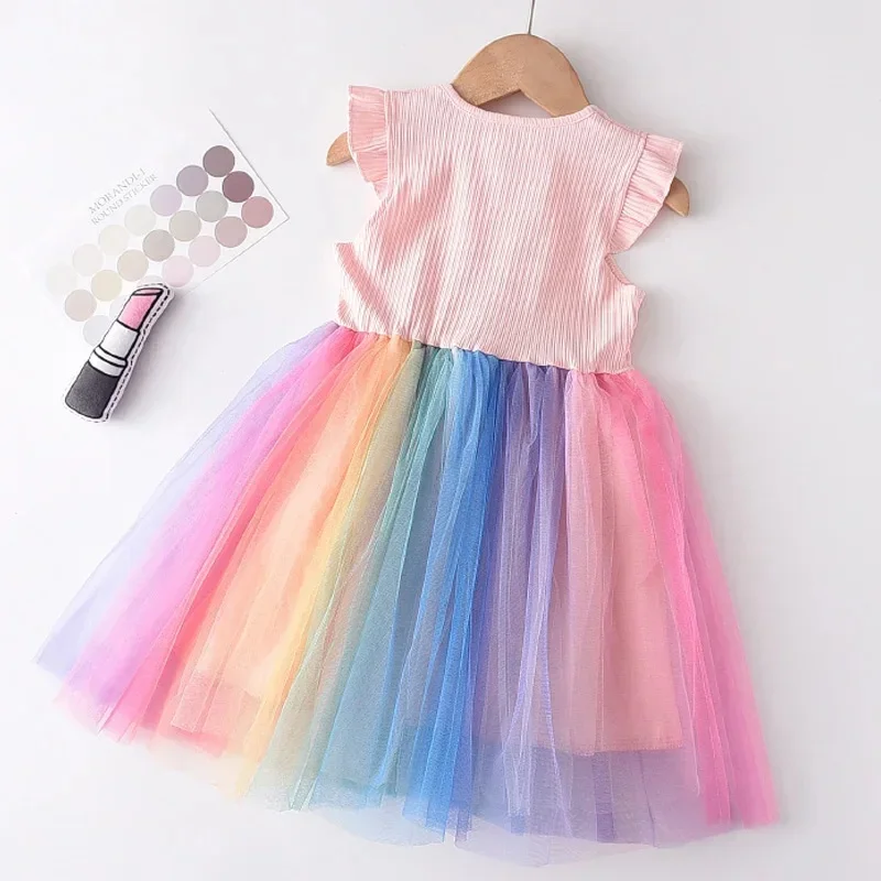 Bear Leader Flying Sleeve Girls Colorful Dress Summer Kids Rainbow Mesh Party Dresses Children Clothing Vestidos Outfits