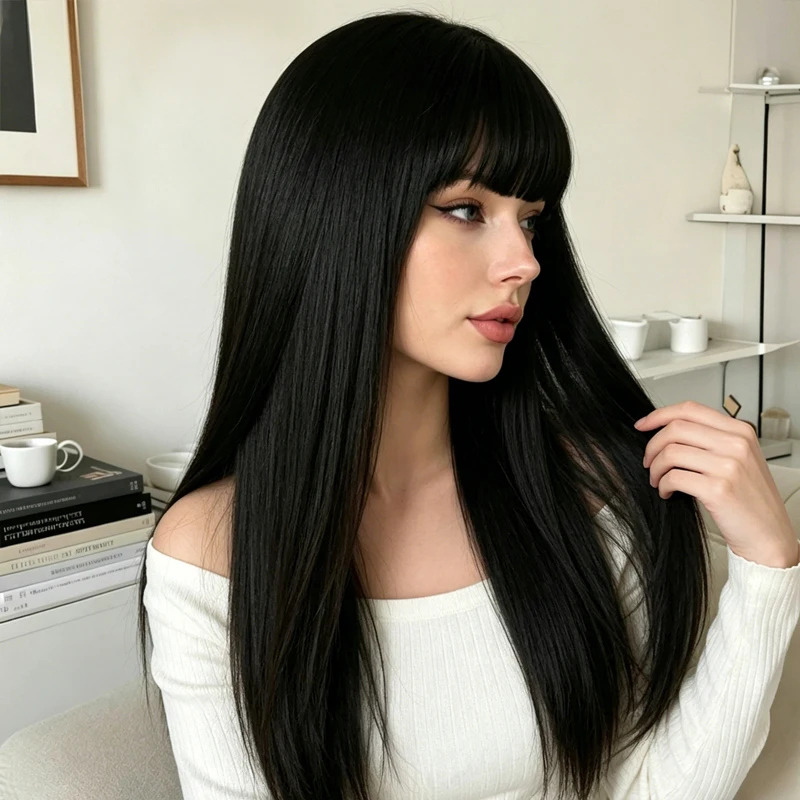 28-inch long straight black wig with thick, straight bangs and silky synthetic hair, suitable for everyday wear.