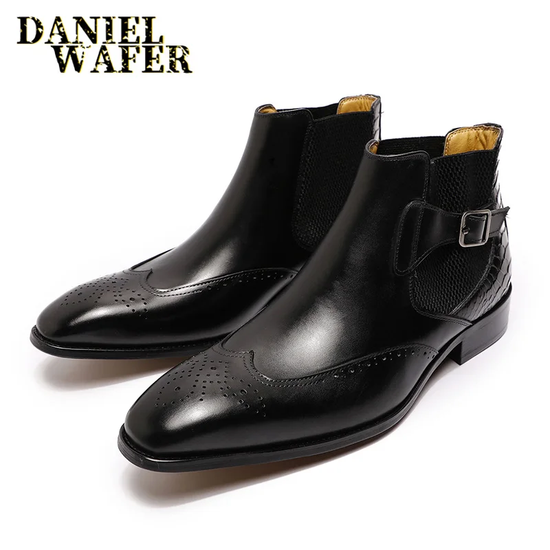 Luxus Chelsea Stiefel Echtes Leder Herren Stiefeletten Hochwertige Slip On Schnalle Riemen Flügelspitze Braun Schwarz Schuhe Basic Stiefel Männer