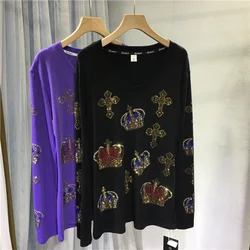 Luxury Crown Hot Drilling Long Sleeve T-shirt for Women All-match Autumn Winter Basic Top V-neck Pullovers Diamonds Cotton Tees