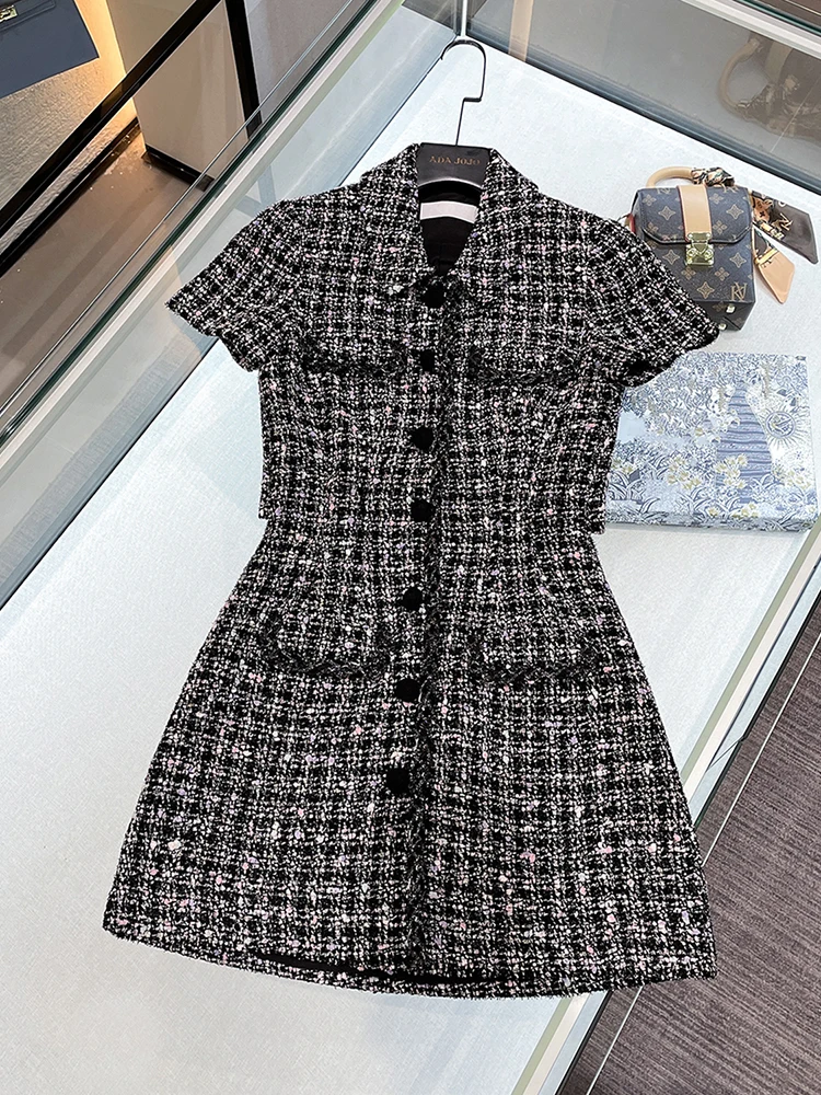 A-Linie mit hoher Taille, Dr. Bla und weiß karierter Wollrock mit Umlegekragen, Retro-Pendel-Strickrock für Damen