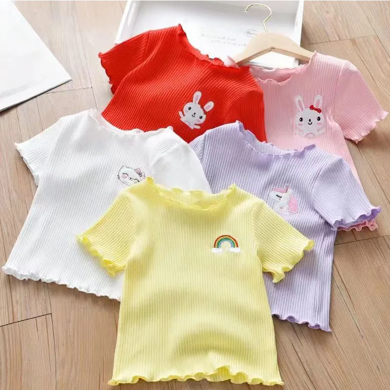 

2026 Summer New Ice Silk Hot Selling Sweet Children's Ear Ear Edge Cute Western Style Short Sleeve T-shirt