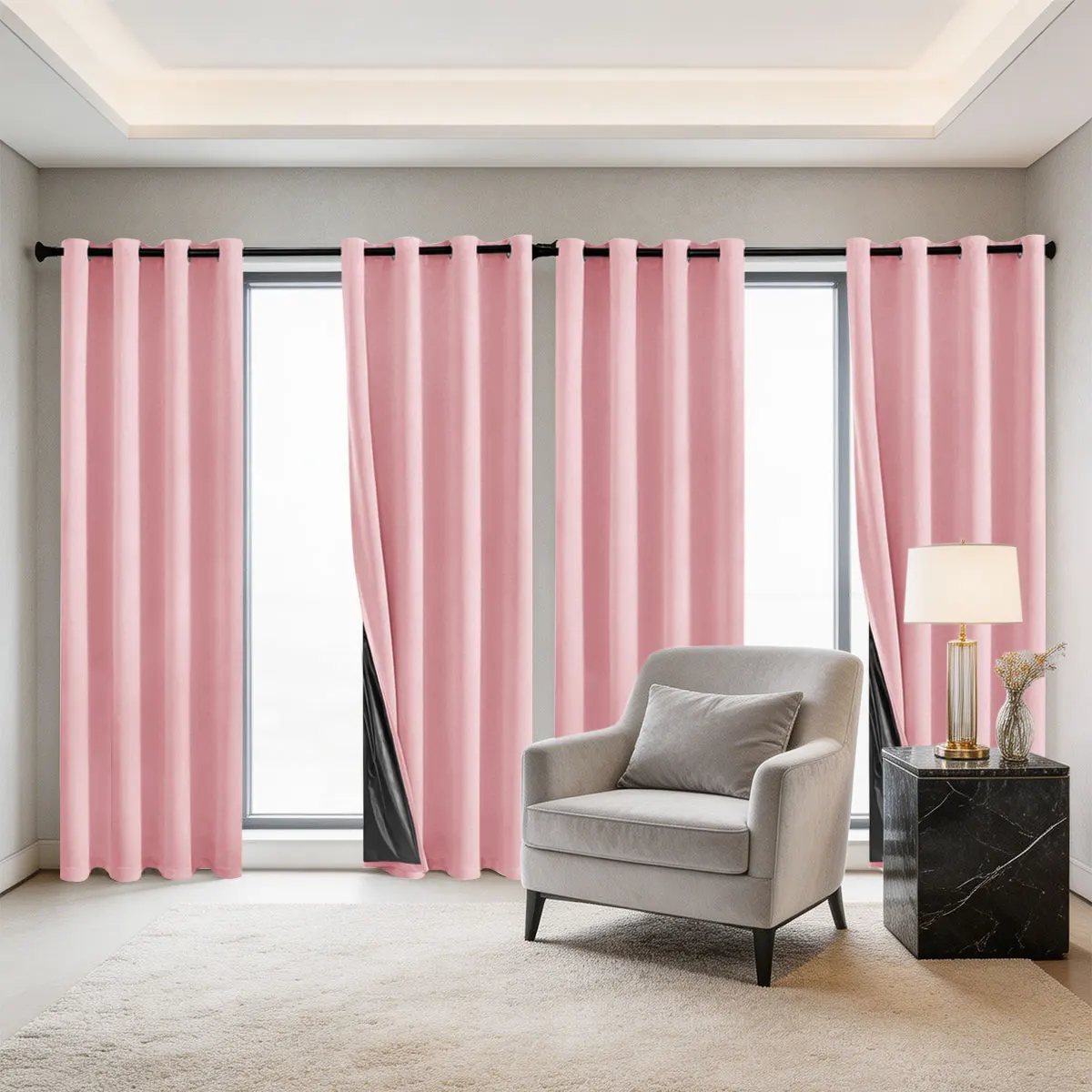 Pink Grommet Light Blocking Curtains 4 Panels, Black Coated Solid Pink Window Drapes for Bedroom Living Room Home Decor