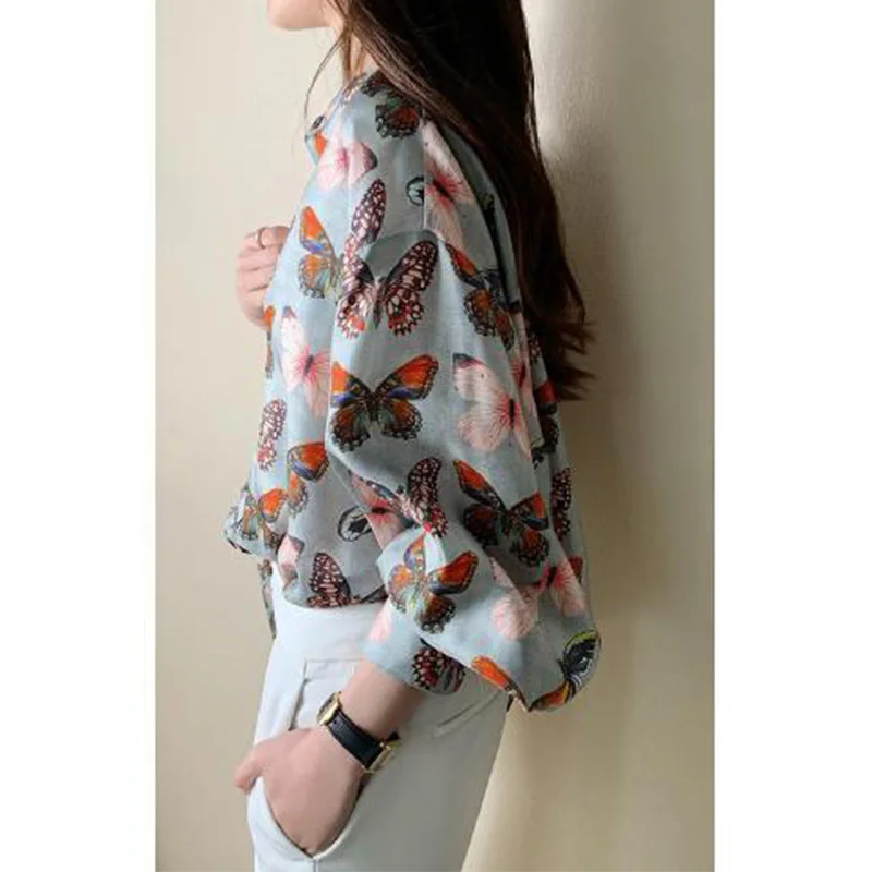 Spring Autumn Female Clothing Butterfly Print Chiffon Lantern Long Sleeved Shirt Korean Stand Collar Patchwork Button Blouses