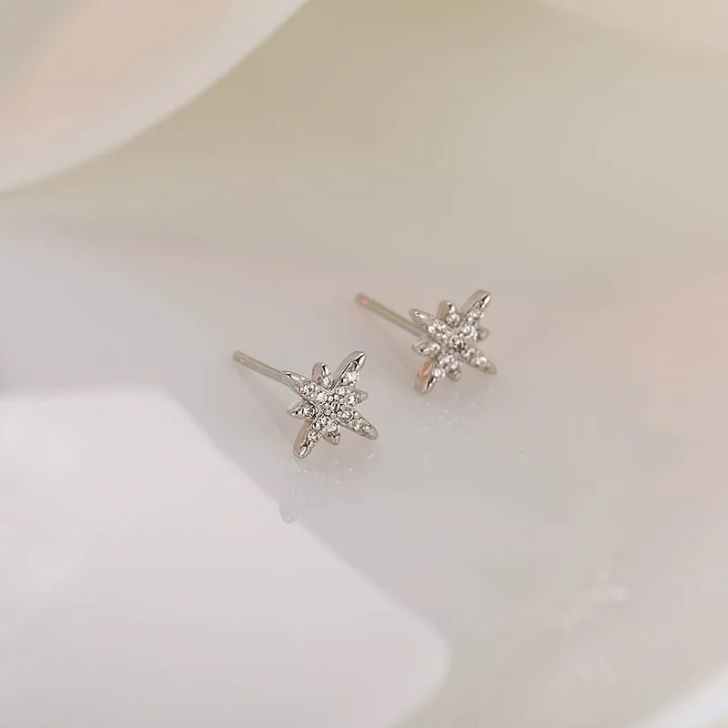 Small Exquisite 925 Sterling Silver Zircon Octagonal Star Stud Earrings for Women Girls Party Jewelry Piercing Accessories Gifts