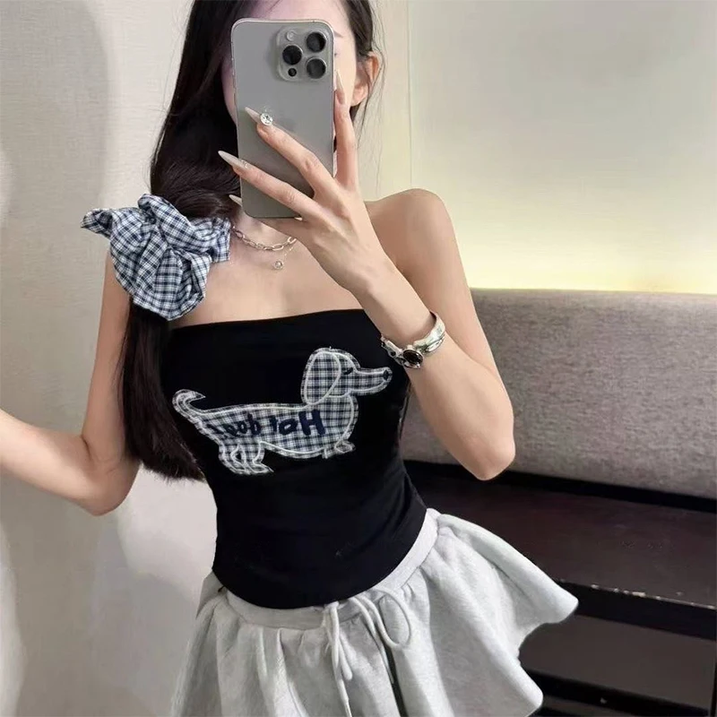 Jednoczęściowy top damski bez ramiączek, z haftem psa, w 3 kolorach, wyprzedaż specjalna, piękny, obcisły, casualowy, z wkładką na biust.