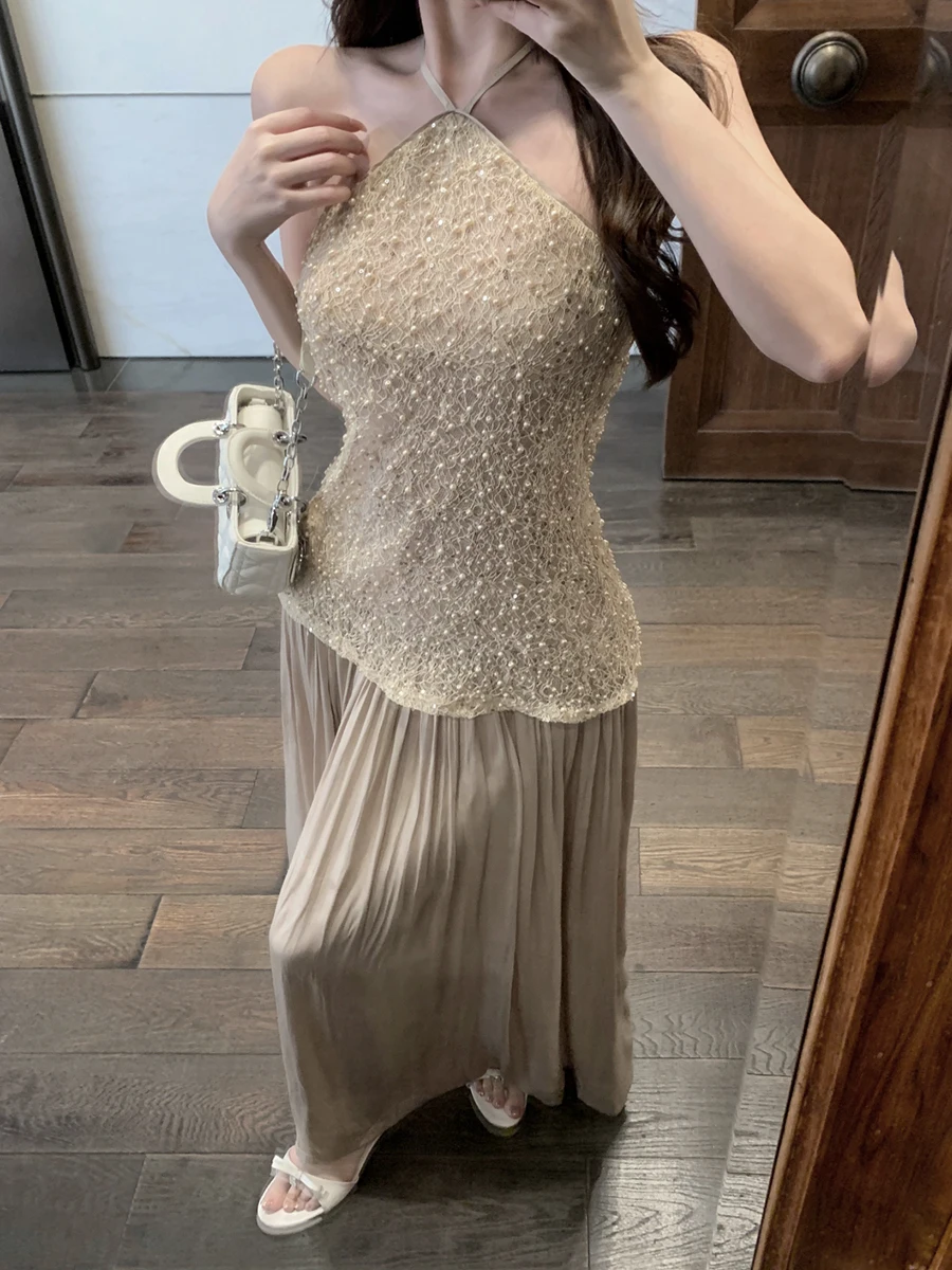 REDDACHiC Glitter Pailletten Spitze Frauen Party Kleid Patchwork Halter Leibchen Backless Maxi Langes Kleid Luxus Prom Abend Kleidung