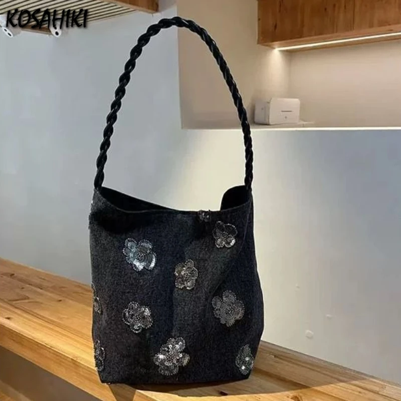 

Korean Sequined Flower Jacquard Femme Shoulder Bags Y2k Aesthetic All Match Vintage Handbags Women Casual Shopping Underarm Bag