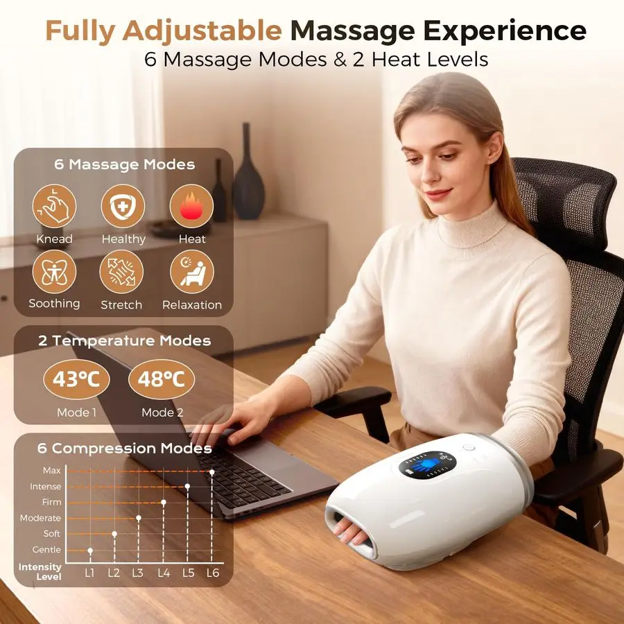 温熱と圧縮機能付きマッサージ器、4000mAh充電式バッテリー、心地よい揉みほぐしとストレッチ、手のひら、指、手首のマッサージ