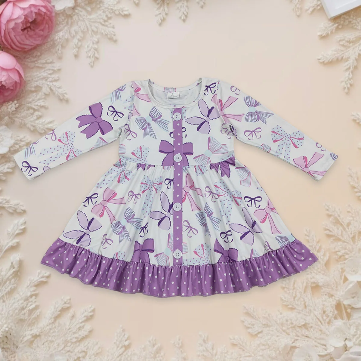 

Baby Girl Dress Kids Long Sleeve Bows Button Ruffle Knee Length Dresses Toddler Infant One Piece Children Clothing Wholesale