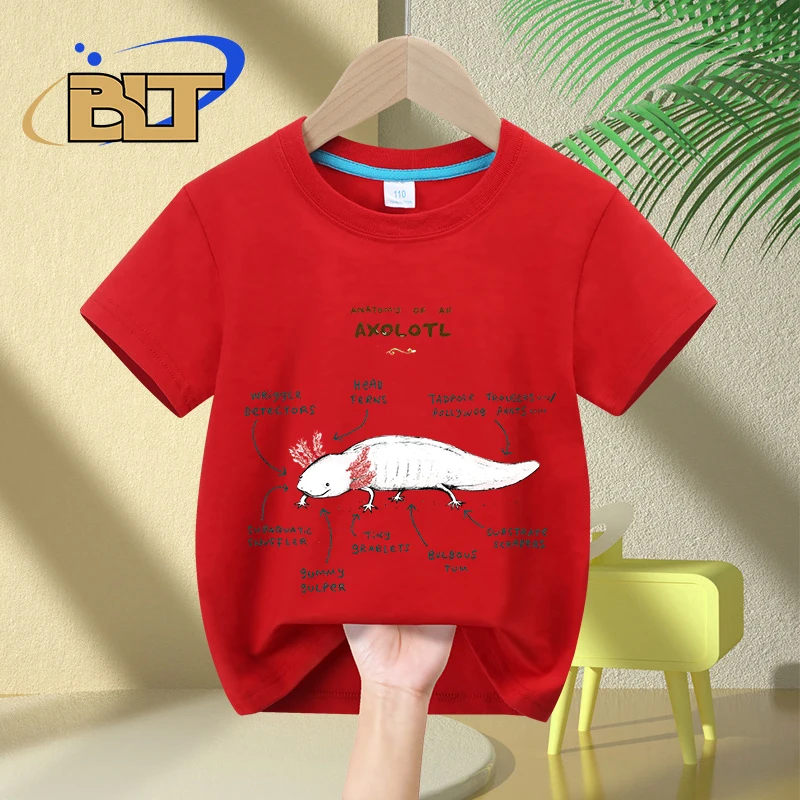 Tops casuais de algodão estampado axolotl de manga curta infantil, anatomia de um axolotl, presentes para meninos e meninas, verão