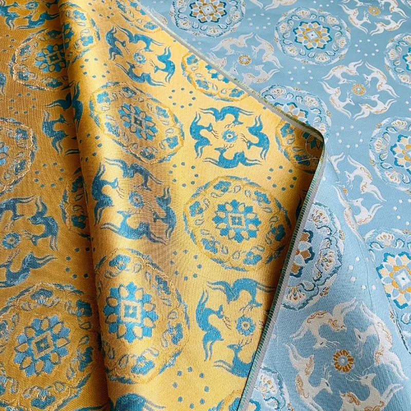 1 Meter Satin Brocade Blue Divine Deer Jacquard Fabric Chinese Style Qipao Dress Hanfu Tablecloth Handmade DIY Textile Wholesale