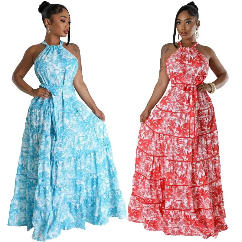 

Long Dress Women Dresses Halter Print Floral A Line Vestidos Streetwear Sleeveless Elegant Maxi Y2k Lace Up High Waist 2025 Club