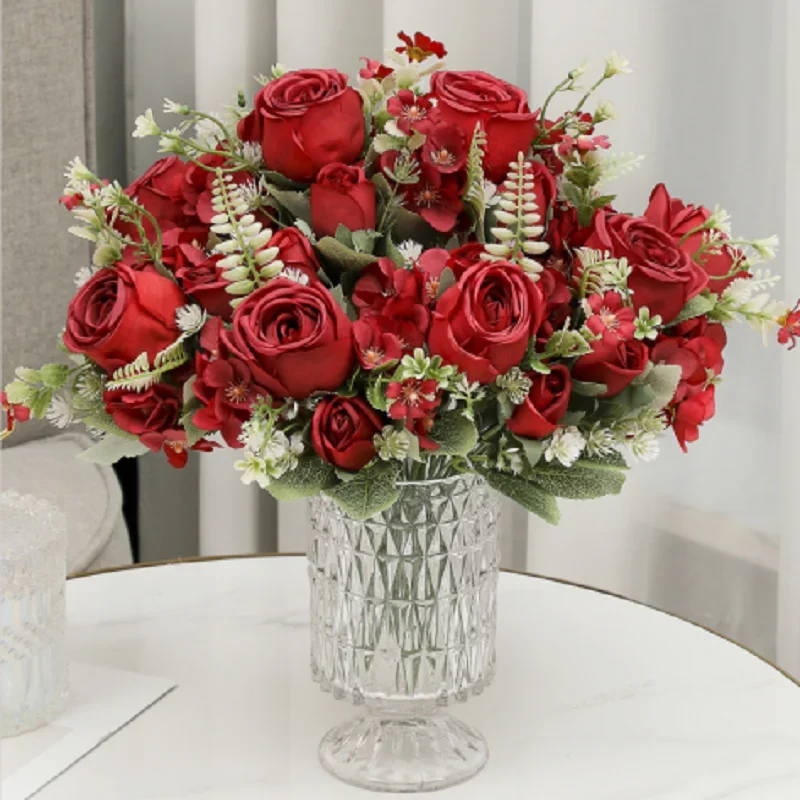 

Simulation Flowers Kimberley Silk Red Roses Bouquets Shopping Mall Decoration Artificial Rose Bouquet Fake Flower Green Plant