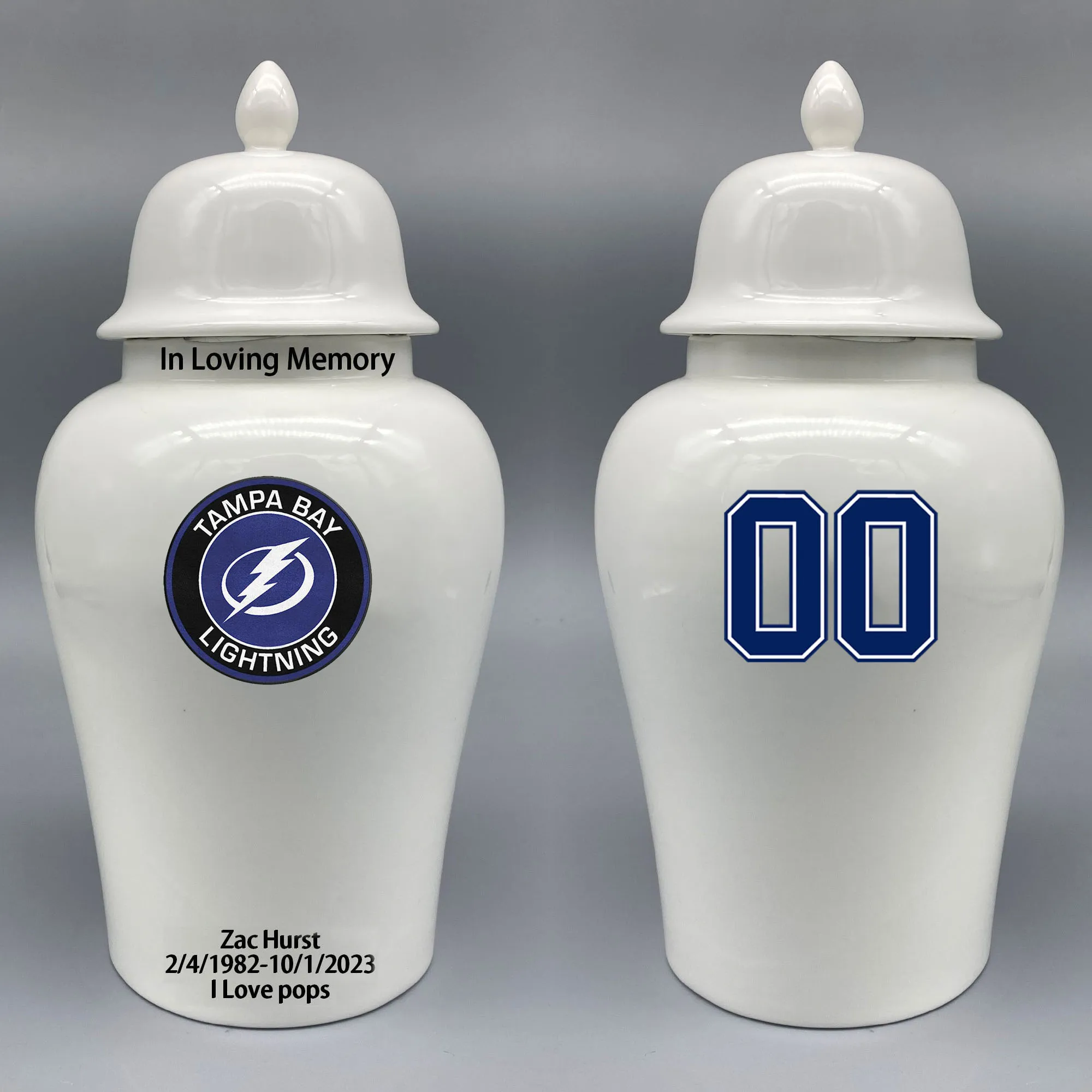 

Large Urn for Tampa Bay Lightning-themed Hockey Urn.Please send me the customize information-name/date and number on the urn