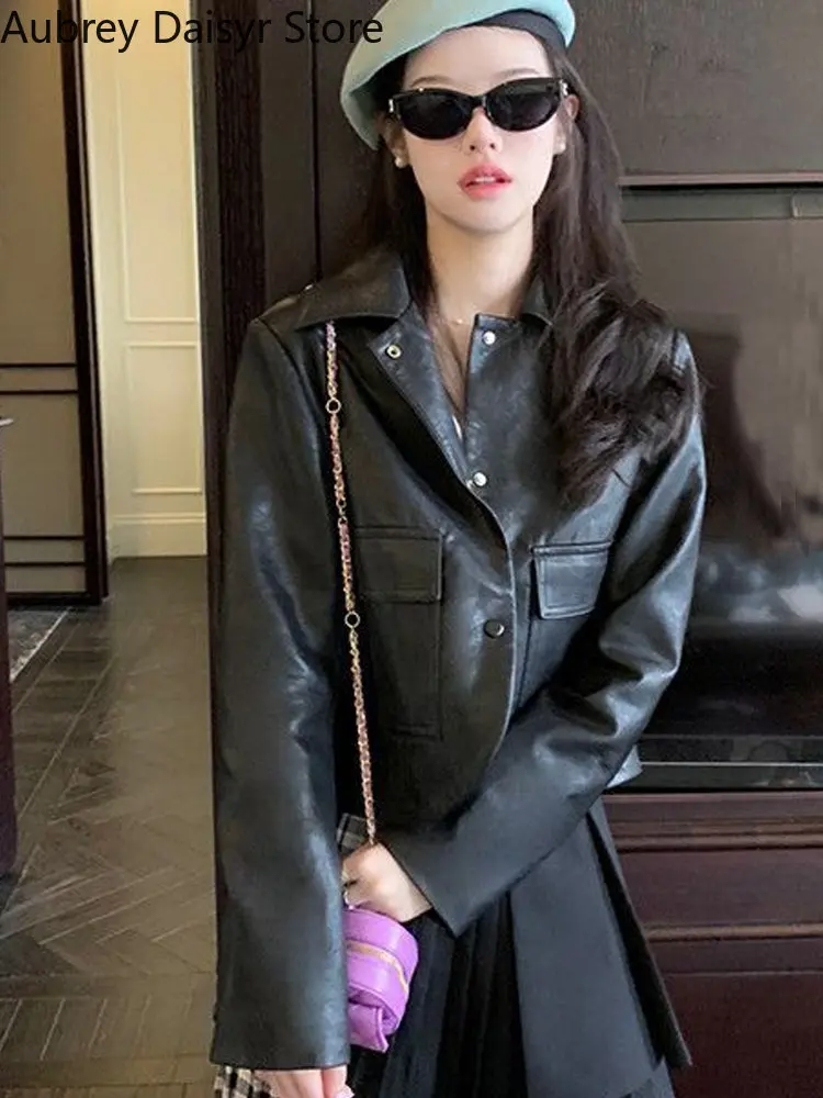 Korean Fashion Black Leather Jacket Women Streetwear Vintage Button Suit Blazers Casual Single Breasted High Street Thin Coat