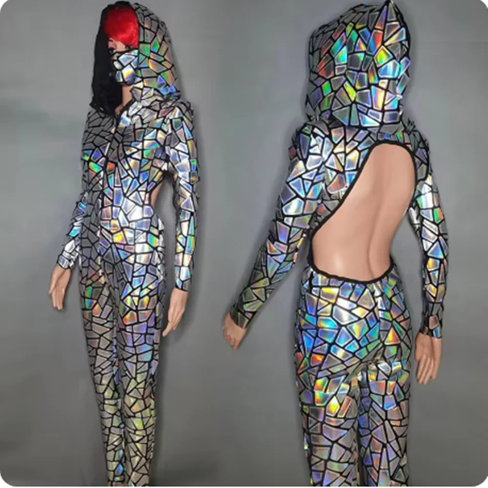 Laser Mirror Stage Costume Women Gogo Dancer Clothing Nightclub Bar Festival Party Show Wear Drag Queen Outfit Hoodie Jumpsuit