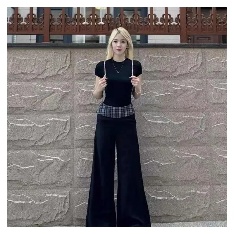 Women's Black Two Piece Set Beaded Strap Short Sleeve Top & Plaid Patchwork High Waist Flare Pants Casual Y2K Streetwear Outfit