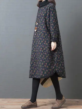 

Retro plus Size Warmth Adding Fce Lined Midi Dr High Collar Autumn Winter Floral Print Dr for Middle Aged Women