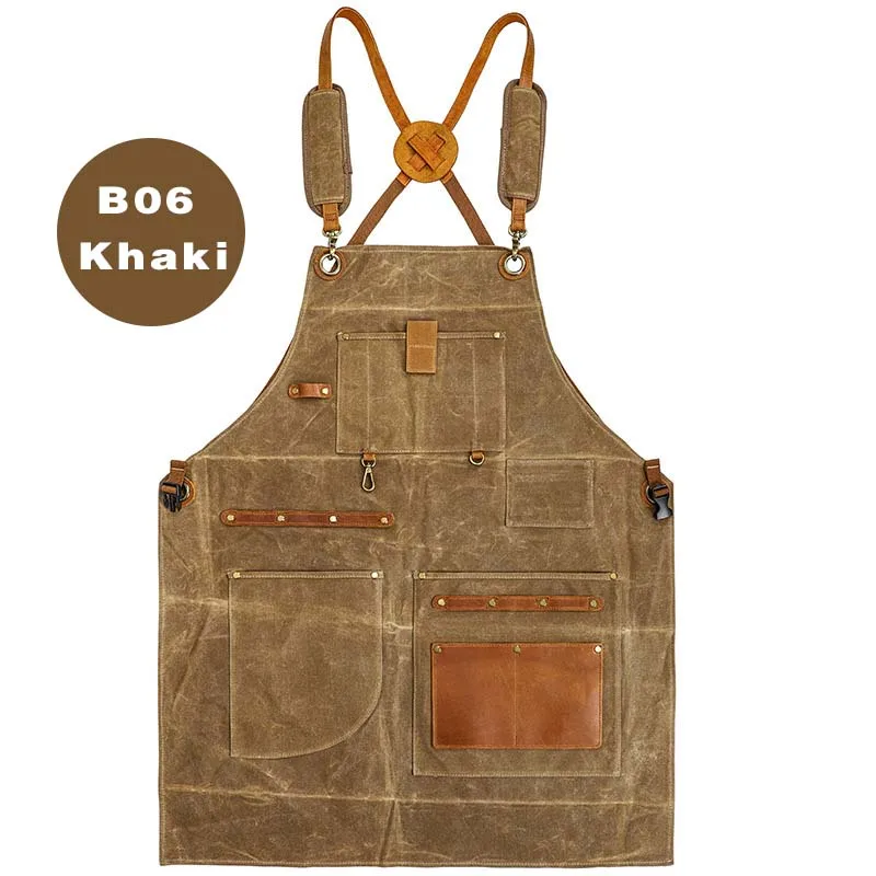 American Style Wax Dyed Anti Splashing Canvas Apron Multifunctional Pocket Apron Hairdresser Carpenter Work Uniform Apron