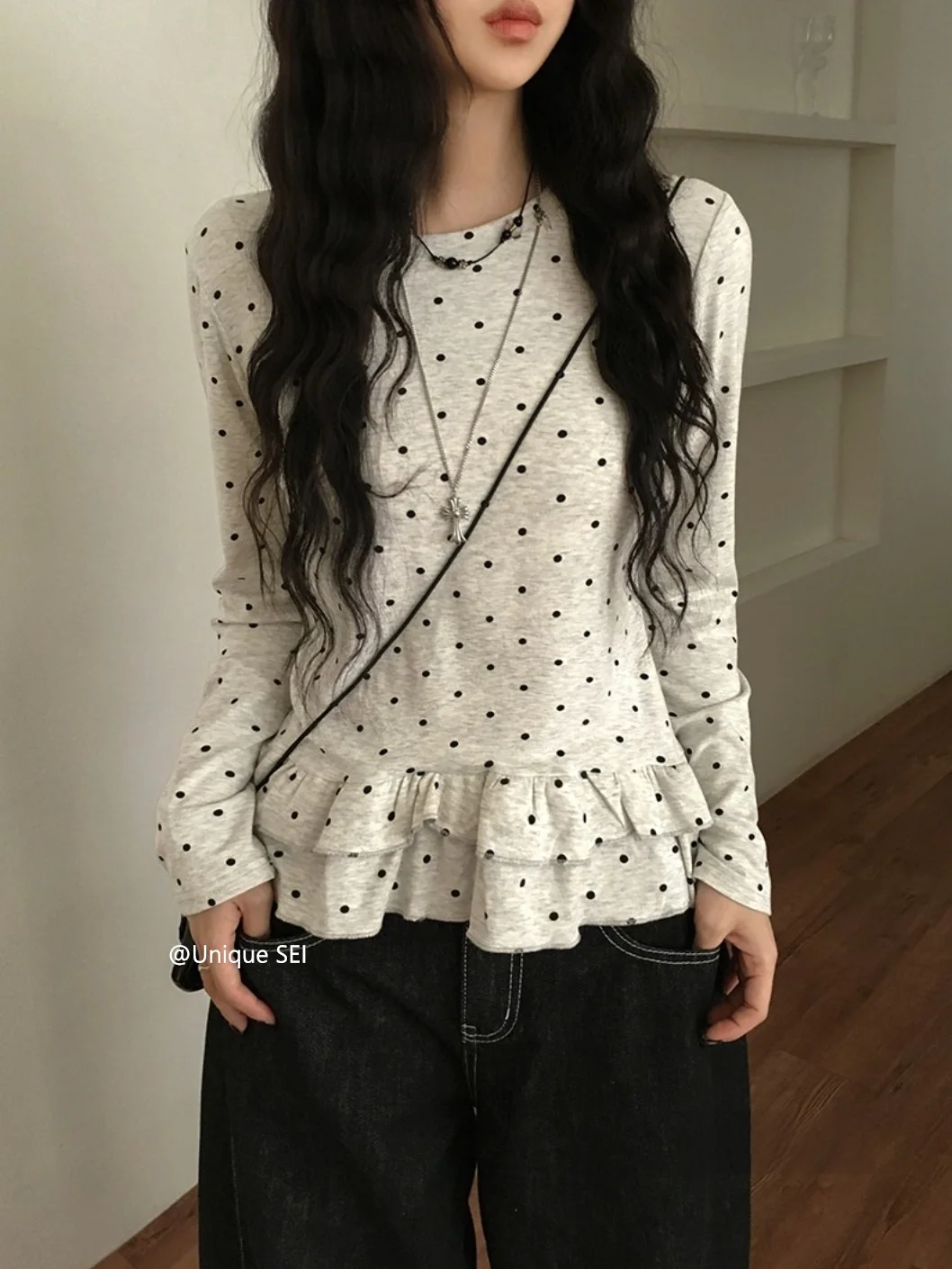 Korean Style Sweet Polka Dot Round Neck Slimming Ruffled Long Sleeved T-shirt Top For Women