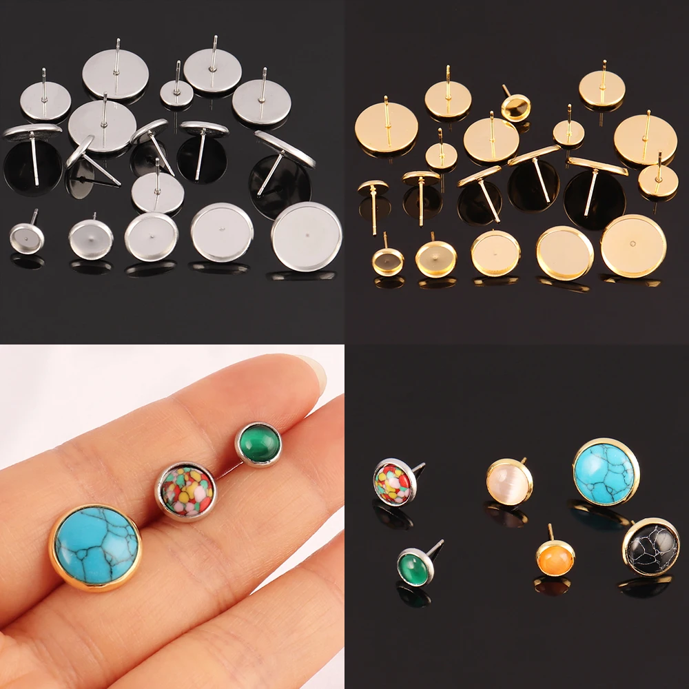 10pcs Stainless Steel Stud Earring Base Glass Cabochon Blank Base Settings Bezels Tray Round DIY Earrings Jewelry Making Finding
