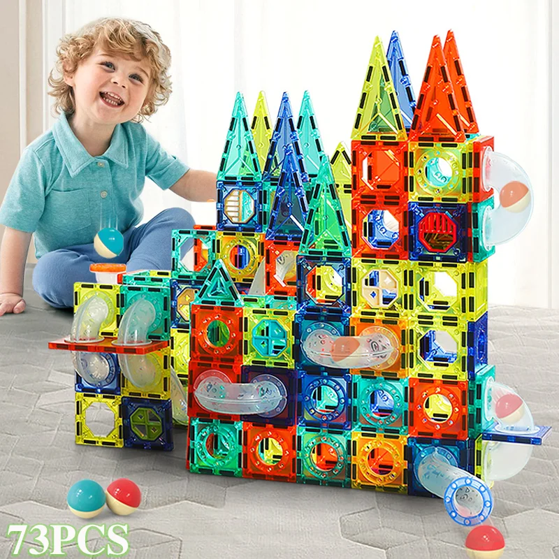2025 nuevo 73 Uds tubo de rodamiento de bolas hoja magnética bloques de construcción variedad de bloques de cubos magnéticos para chico juguete de educación temprana